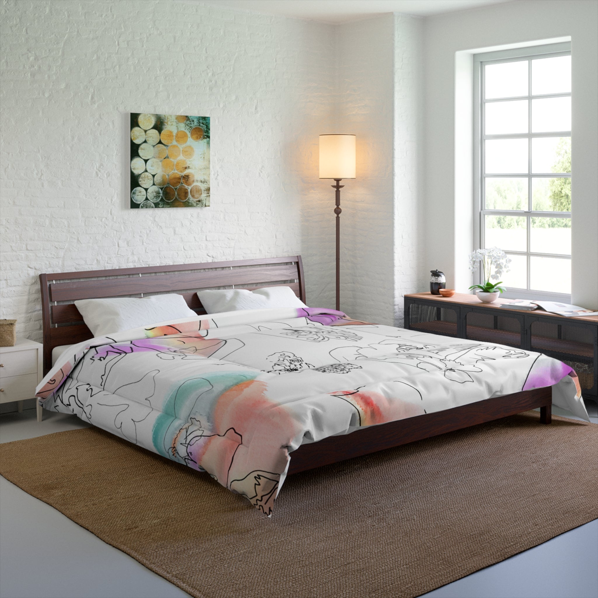 Flutter Comforter with Madeline LeBlanc hand-drawn artwork on a made bed